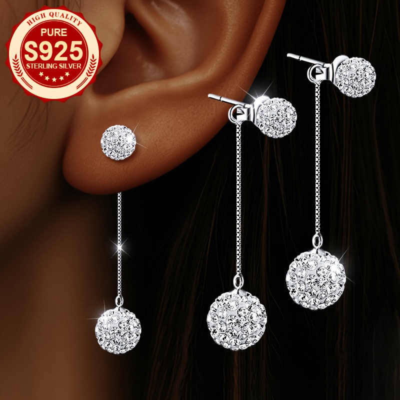 Women's S925 Silver Double Flashing Ball Long Line Pendant Earrings